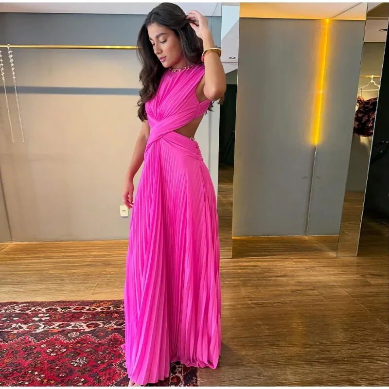 Elegantes 2026 Neues Rückenfreies Damenkleid mit Überkreuz-Taille Ärmelloses A-Linien-Kleid mit Raffungen Langes Abendkleid Formelles Partykleid – Detail 3