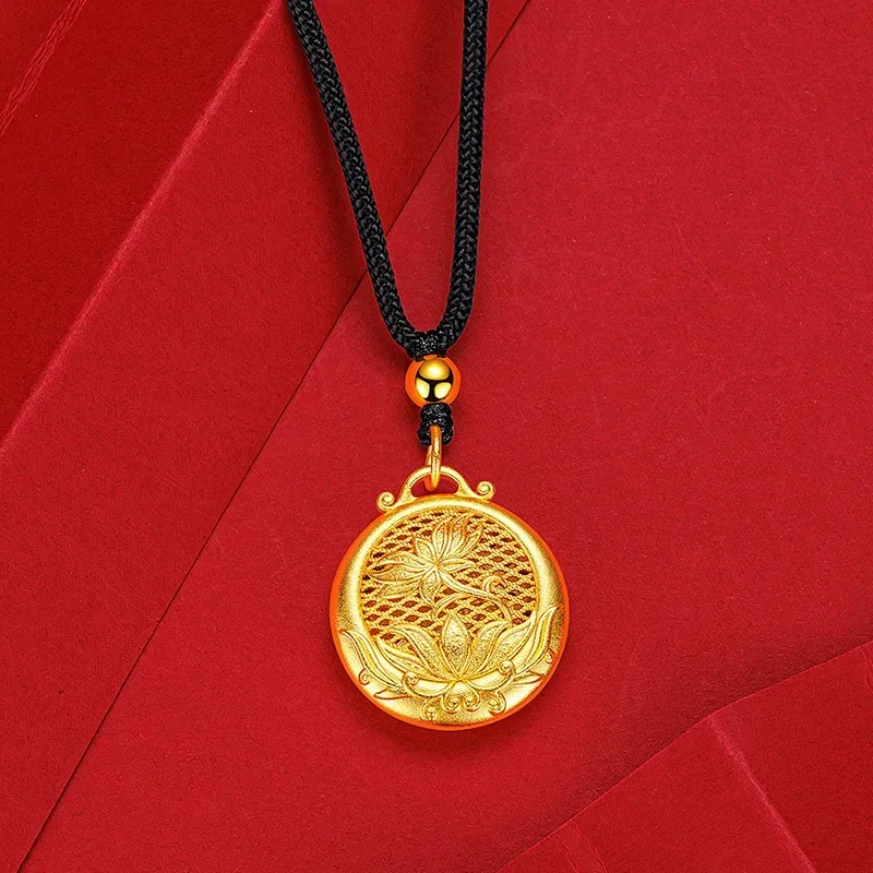 

9999 Real Gold 24K Hollow Silk Lotus Necklace Pendant Vintage Ancient Golden Lotus Couple Black Rope Necklace