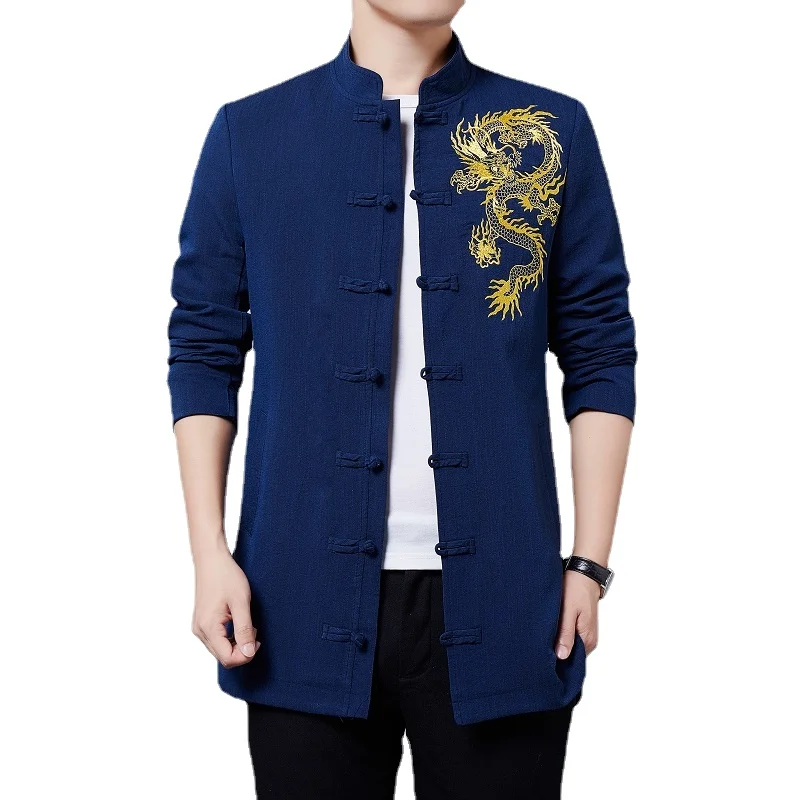 

2024 New Men's Chinese Style Long Jacket Black / Blue Fashion Men Casual Standing Collar Embroidered Trench Coat