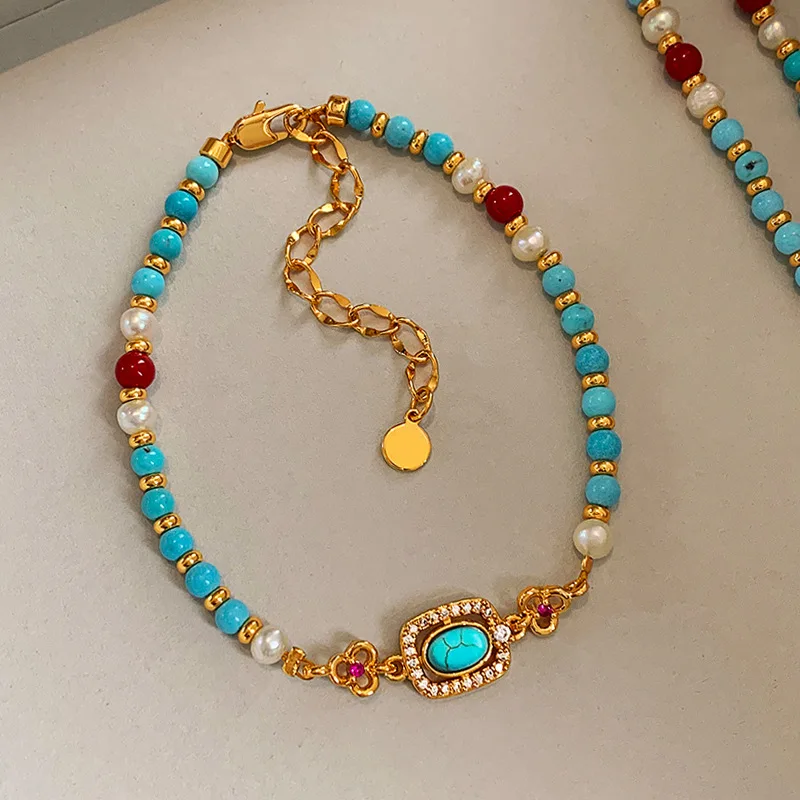 

18k Gold Plated Blue Round Beads Bracelets for Women Bohemia Shining Zircon Imitation Pearl Bracelet Vintage Elegant Decoration
