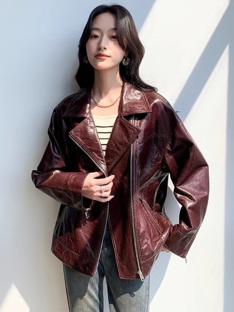 Vestes de moto décontractées en cuir véritable pour femmes, manteau haut de gamme, Simple, ample, cire d'huile douce, en peau de chèvre véritable, printemps automne