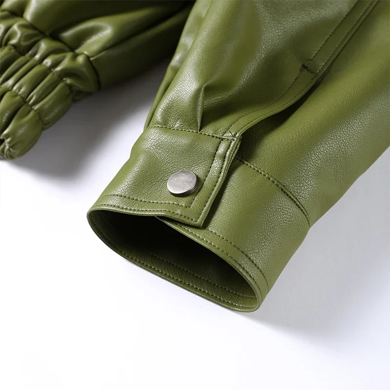 2025 New Lady Solid Streetwear Fashion Green PU Leather Jacket Women Laple Zipper Loose Full Sleeve Single Breasted Cropped Coat