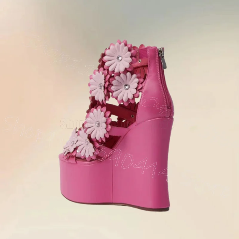 

Rose Red Appliques Wedges Heel Platform Sandals Back Zipper Women Shoes Open Toe Fashion Party Banquet 2025 Zapatos Para Mujere