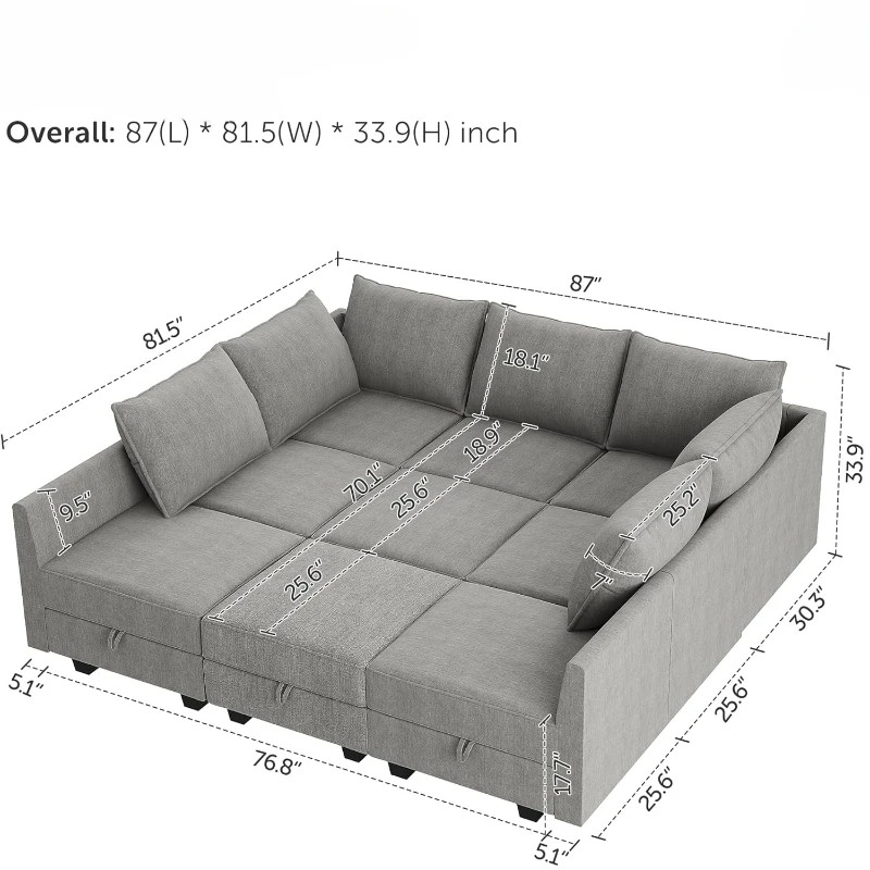 Modular Sectional Sofa with Storage, Sleeper Sectional Sofa Modular Sectional Couch for Living Room, Grey，home.