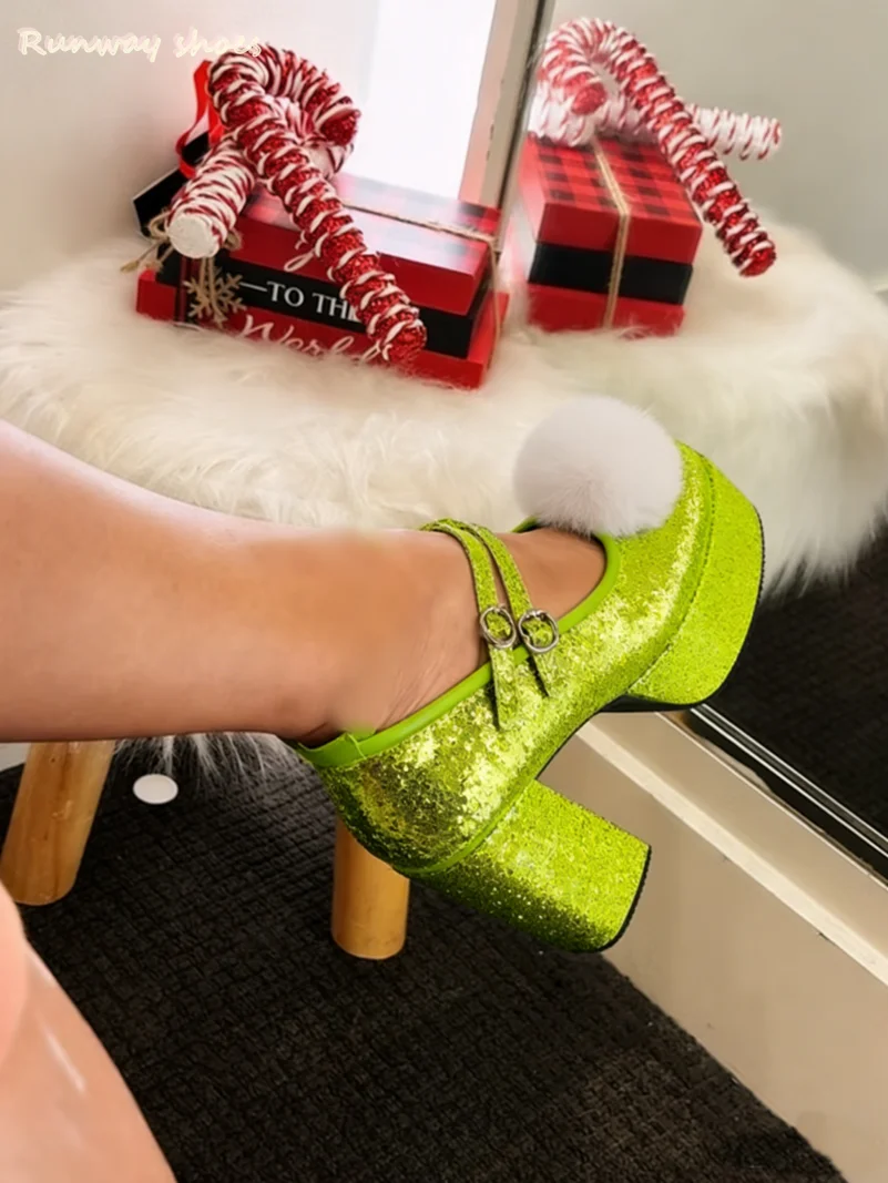 

White Pom-Pom Decorations Extra High Waterproof Platform Green Women's High Heels Asakuchi Double Buckle Luxury Women's Shoes