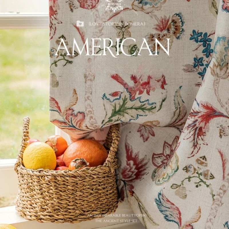 

Customized American Retro Pastoral Style Printed Cotton and Linen Blackout French Curtains for Living Dining Room Bedroom