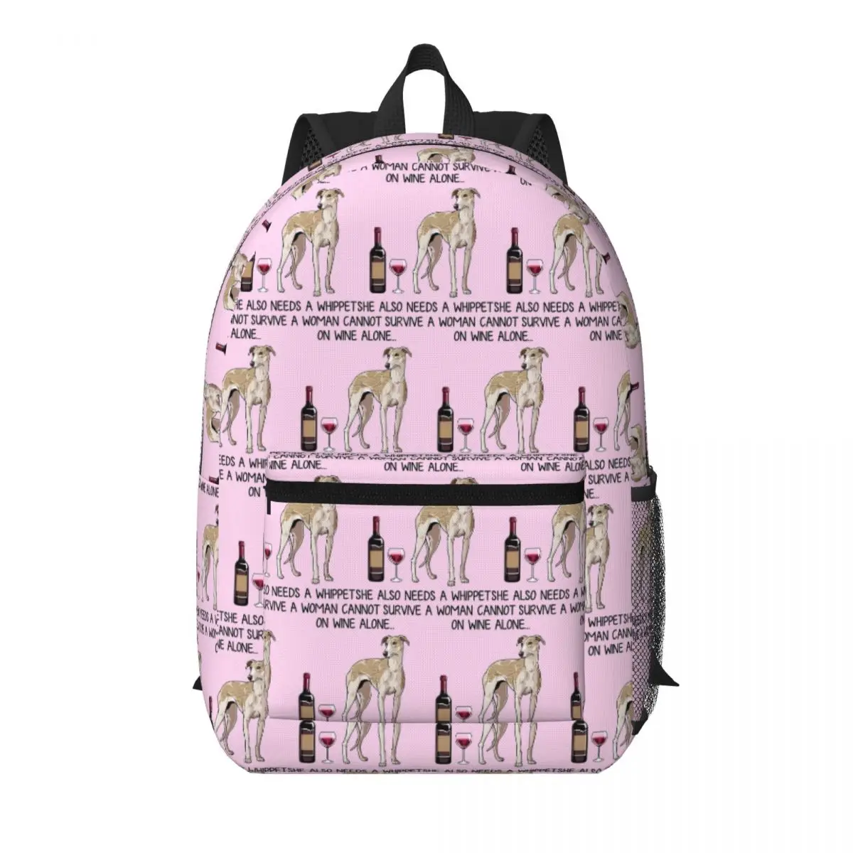 Whippet Dog And Wine Funny Gift For Dog Mom Student Backpack School Bag Hiking Travel Daypack Men Women Bookbag Shoulder Bags