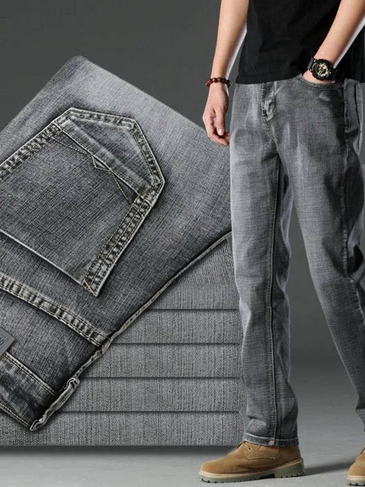 

Модные мужские зимние джинсы с прямыми штанинами, свободный крой, повседневные эластичные длинные брюки, модный дизайн