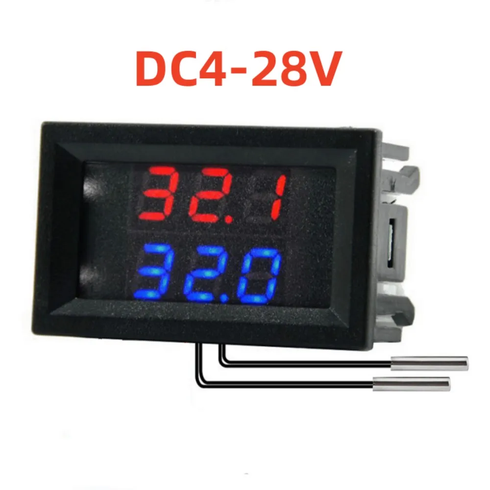 DC 4-28V LED Display Digital Temperature Sensor Thermometer Red Blue Dual Digital Temperature Tester With NTC Dual Probe Cable