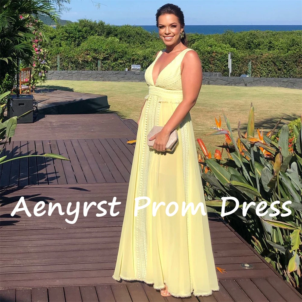 Aenyrst Yellow V Neck A Line Prom Dresses For Women Spaghetti Strap Chiffon Holiday Gowns Floor Length Dinner Party Dresses 2024