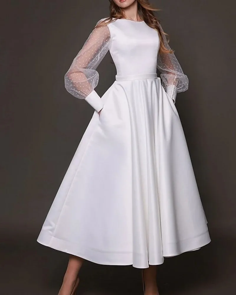 Personalizado vintage vestido de casamento curto chá comprimento a linha manga longa jóia cetim dot tule vestidos de festa de noiva