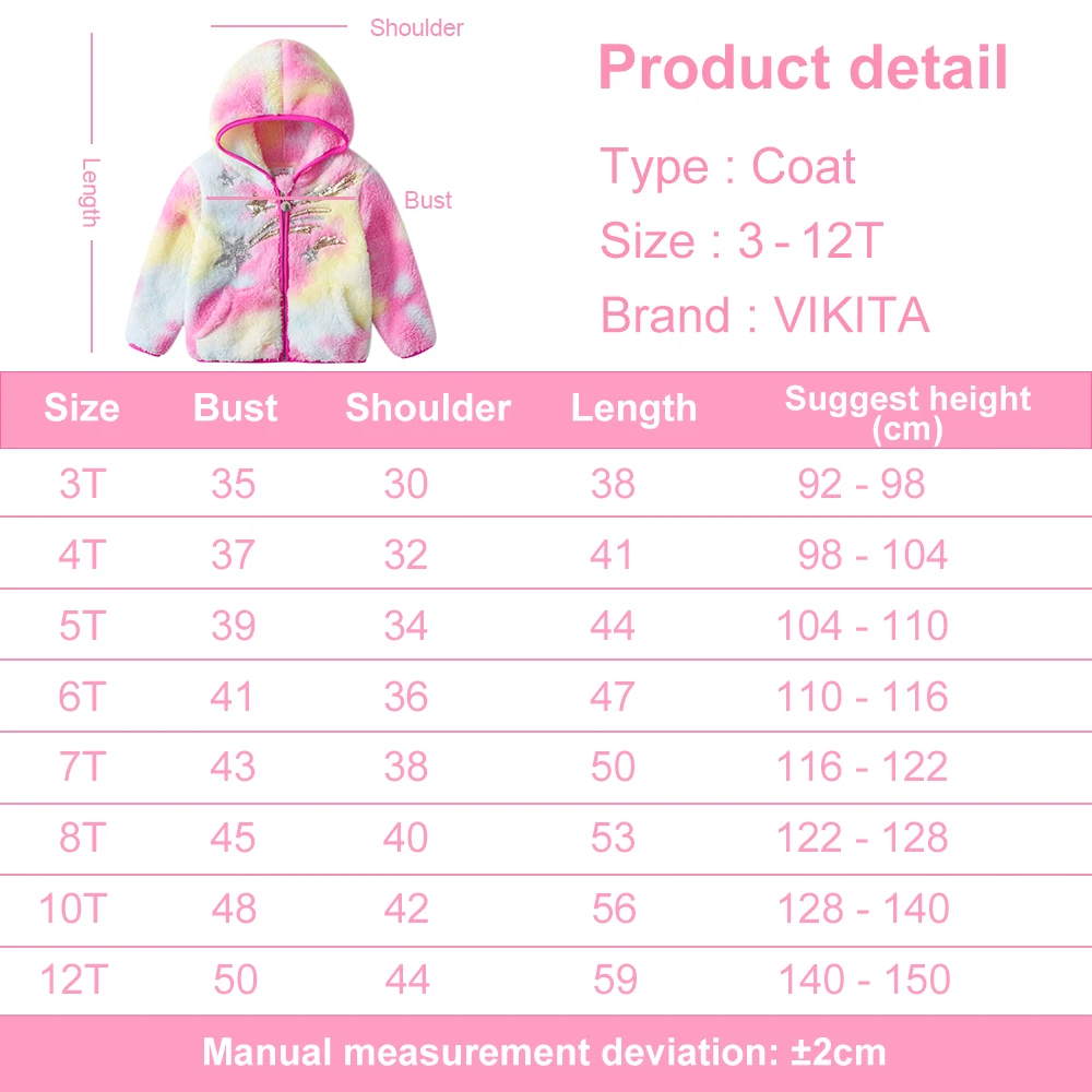 VIKITA Kids Autumn Winter Coats Jackets Girls Star Sequined Appliqued Zipper Hooded Fleece Warm Soft Outerwear Children Clothing