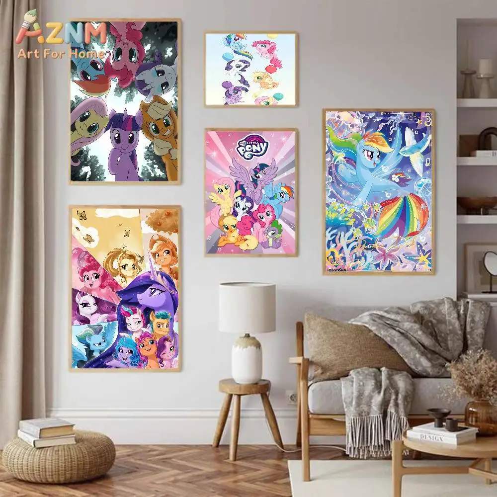 AZNM My Little Pony Rainbow Cartoon Canvas Painting Unframed Cute Pony Character Wall Print Kids Playroom Bedroom Aesthetic Deco