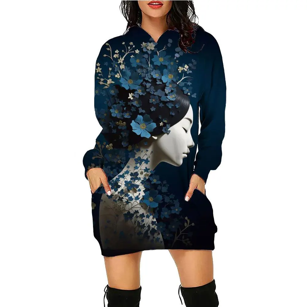 Nuova moda donna 3D Cartoon Cat Print felpa con cappuccio Dress Retro felpa con cappuccio autunno/inverno Pullover allentato Casual abito di media lunghezza