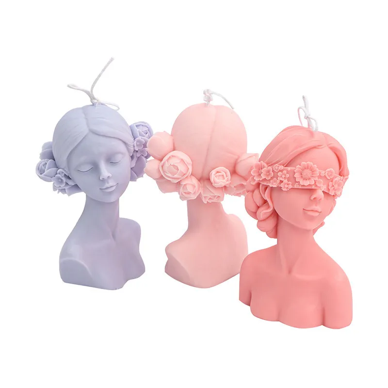 Blinded Braid Girl Silicone Candle Mold Closed Eyes Flower Half Body Beauty Aromatherapy Resin Mold Home Decoration Ornaments