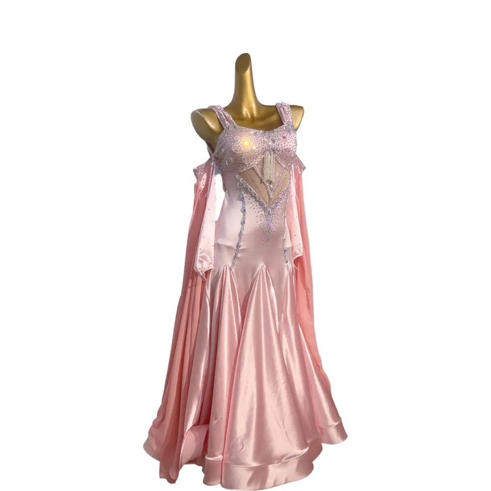 เต้นรําละตินผู้หญิง High-end ที่กําหนดเองสีชมพูโมเดิร์นตาข่ายชุดกระโปรงขนาดใหญ่,Tango Samba ประสิทธิภาพ Rhinestone ชุด