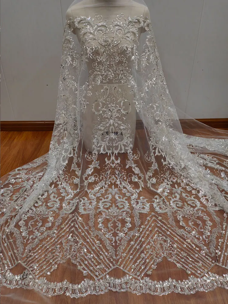Ivory Silver Sequin Glitter Mesh Sparkle Fabric Base Cloth Wedding Dresses Model Embroidered Full Tube Bead Lace Material