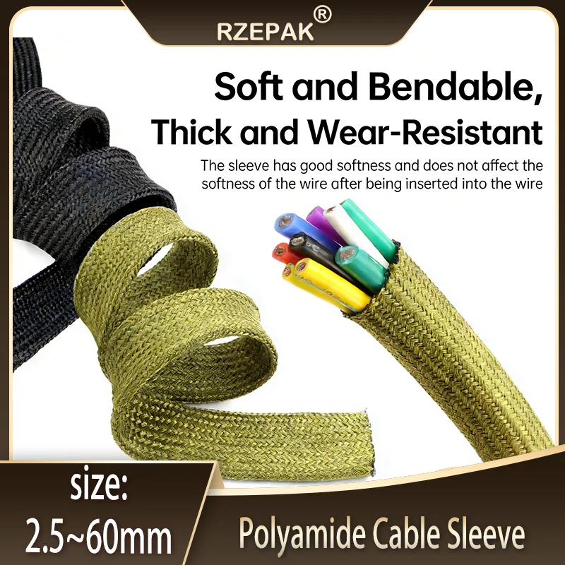 

2/5/10m High Density Braided Polyamide Cable Sleeve - 2.5-30mm Soft Insulation Wire Protector Sheath (Black/Army Green)