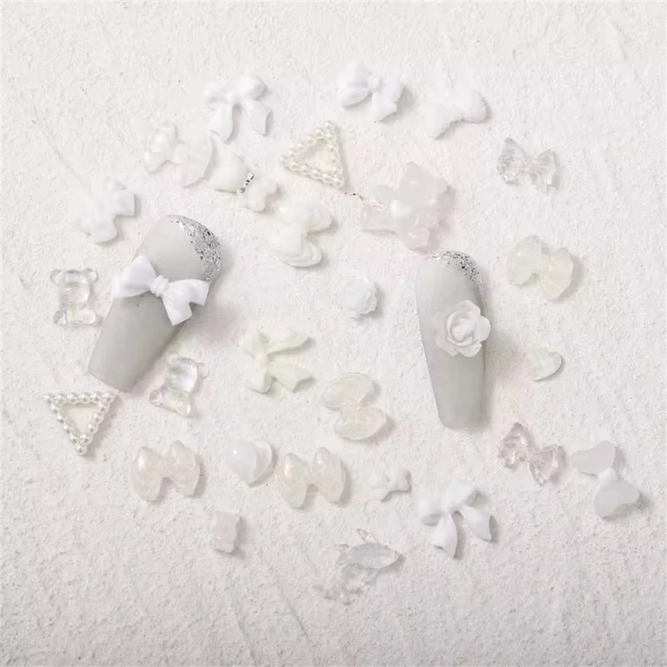 50pcs Mixed Resin Nail Charms Bulk Cute Bow Rose 3D Black White Aurora Butterfly Nails Art Decorations Accessories DIY Nail Pars
