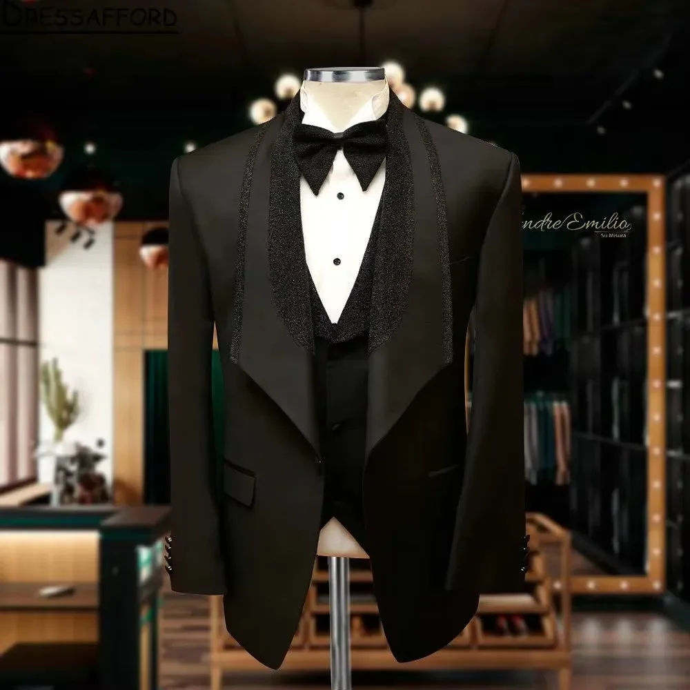 Black Glitter Crystal Groom Wear Formal Men Suits 3 Piece Jacket Vest And Pants Sets Smart Casual Business Blazer