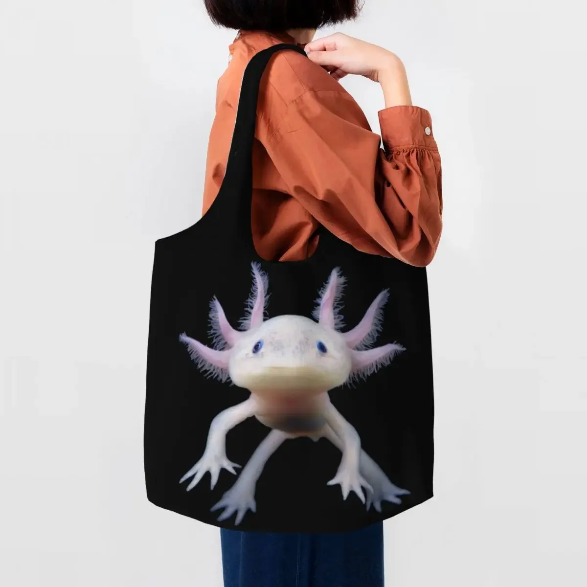 Kawaii Cute Axolotl Shopping Tote Bags Reusable Salamander Animal Groceries Canvas Shoulder Shopper Bag Photography Handbags