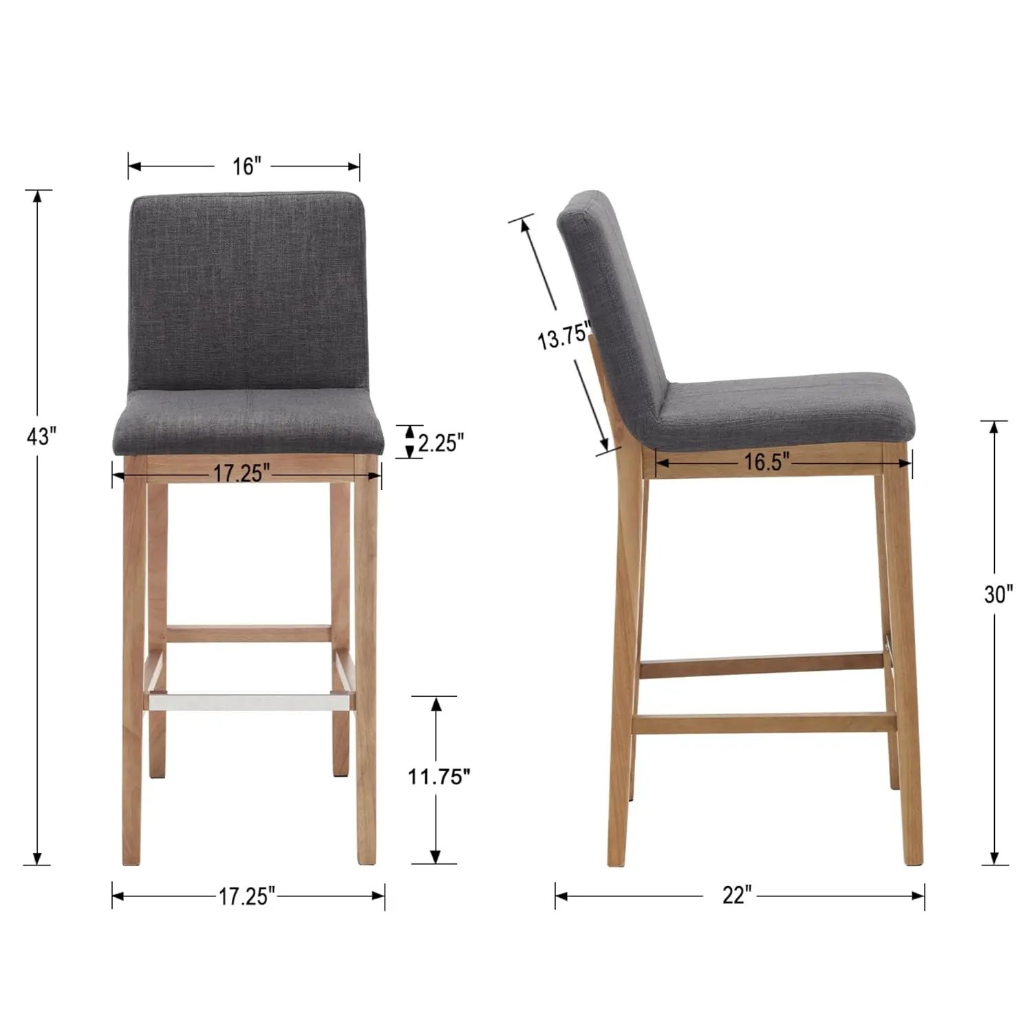 30 Inch Upholstered Bar Stools Set 2, Farmhouse Back Support Rustic Wooden Armless Barstools for Bar Club Pub, Linen Charcoal, C