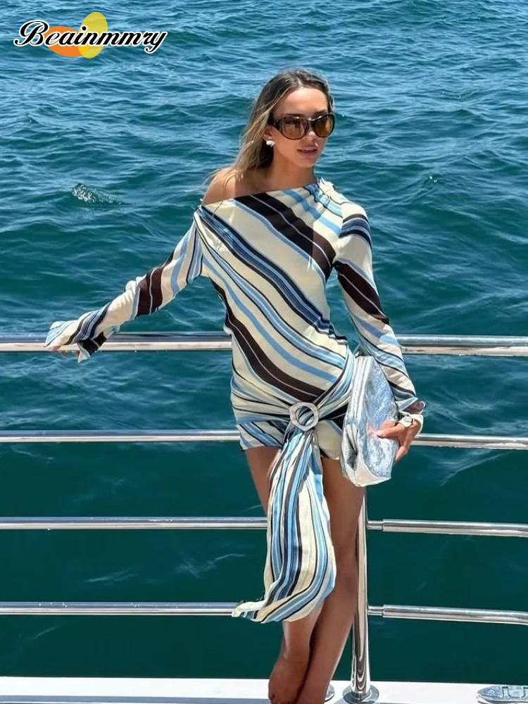 

Fashionable Lady Striped Dress High Waist Stretch Beach Daily Casual Lace Up Long Sleeve Soft Mini Dresses 2026 Vacation Gowns