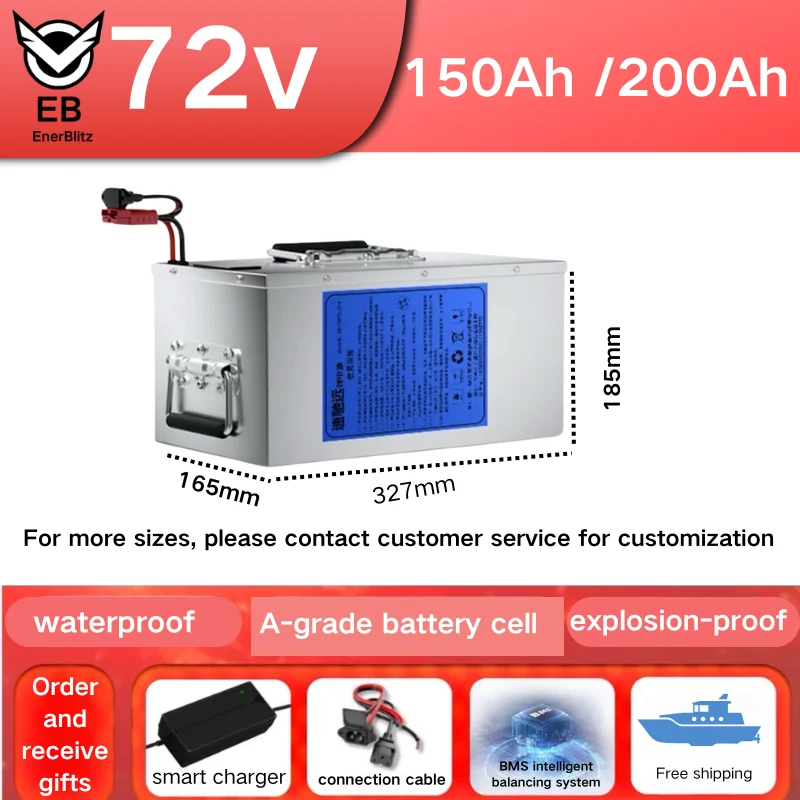 

Batterie lifepo4 au lithium 72V, 200Ah 150Ah, BMS, décharge profonde, pour scooter 7000W 11kw 20kwmoto Sicile, avec char