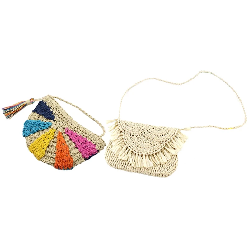 

NEW-2 Pcs Tassel Straw Bag Paper Rope Hook Flower Big Flip Hand-Women Bag Casual Handbag Beach Bag, Beige & Colorful