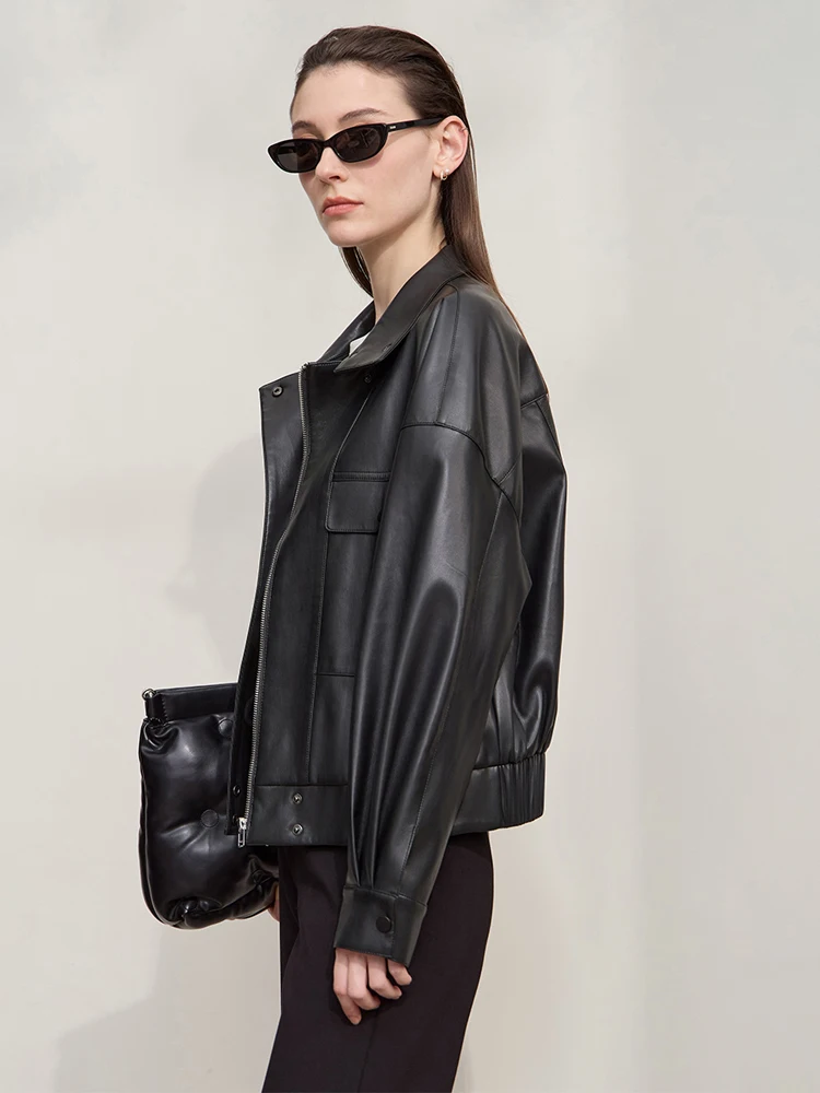 AMII abrigo para mujer 2025 otoño nueva chaqueta de cuero con solapa moderna Retro chaqueta de cuero holgada de manga larga para mujer 12543111