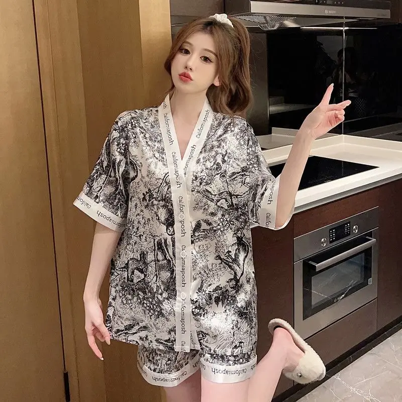 Luxury Women Silk Sleepwear Summer Short Sleeve Cardigan Shorts Two Pieces Homewear Kawaii Clothing Pajama Sets Nightwear Korean