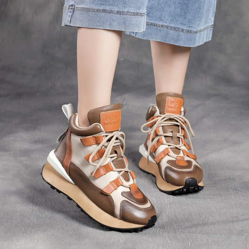 New Sports Style Top Layer Cowhide Casual Lace up Color Matching   Leather Mid Heel High-Top