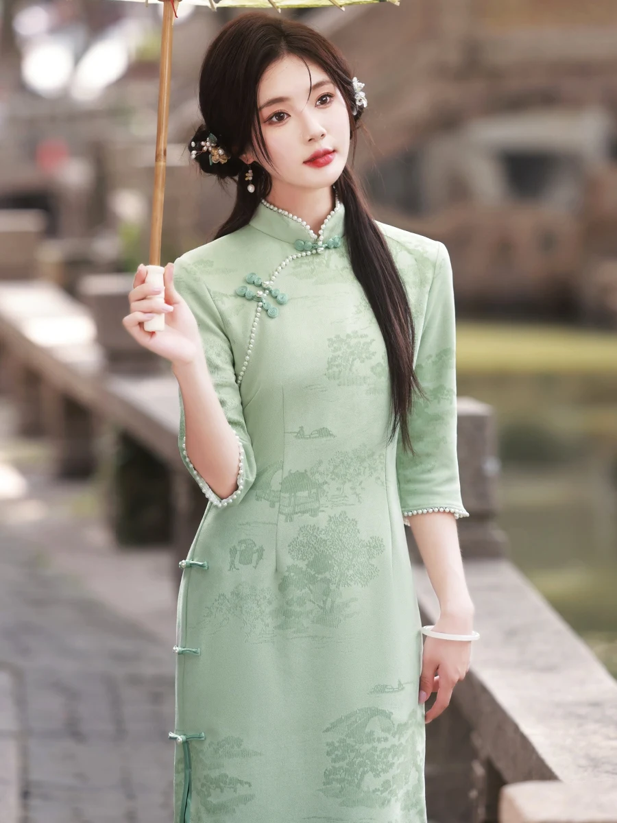 Young Gentle New Chinese White Cheongsam Autumn Slimming Daily Women's Clothing