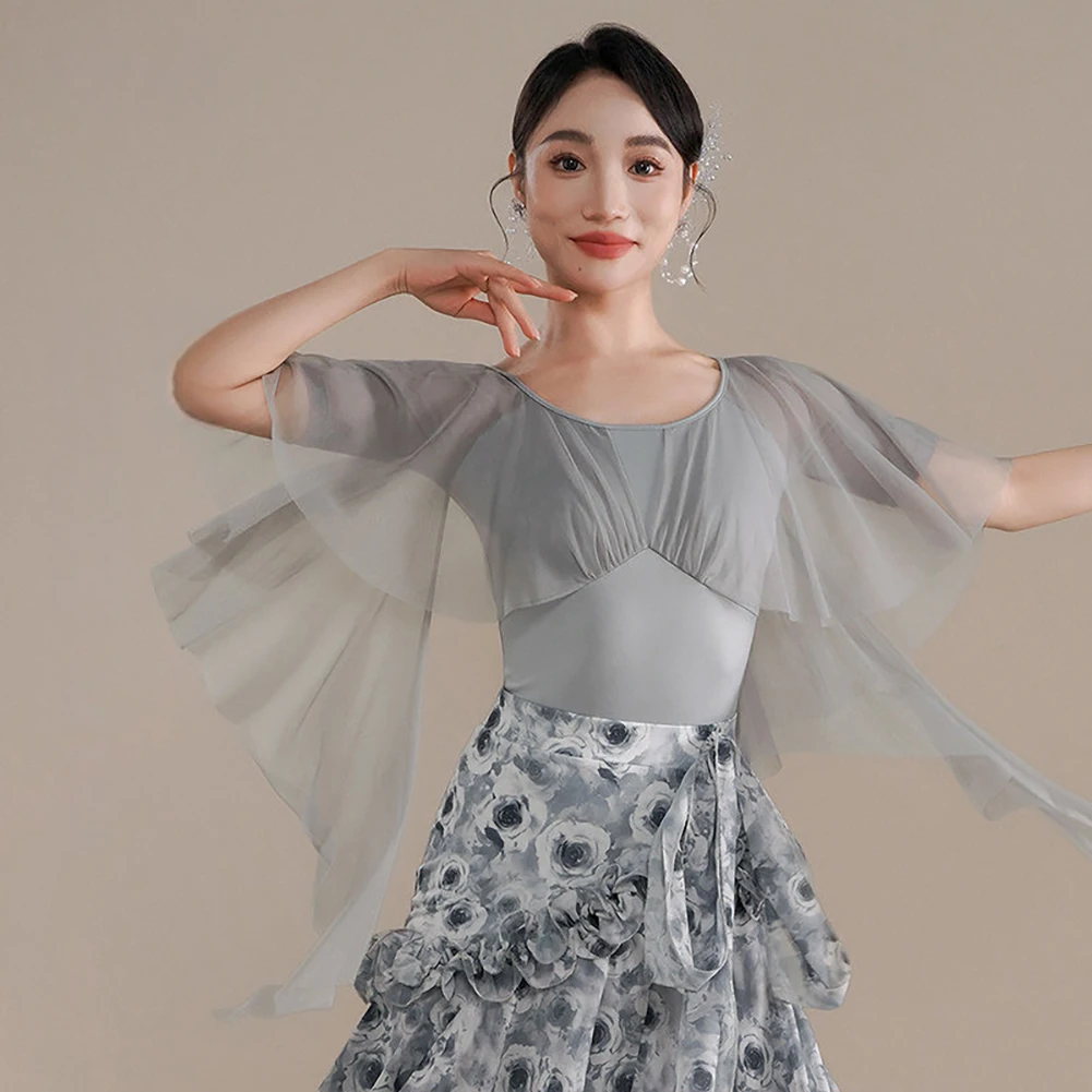 

Modern Dance Top Grey Short Sleeve Waltz Ballroom Round Neck White Foxtrot Float Sleeve Purple Practice Performance Top