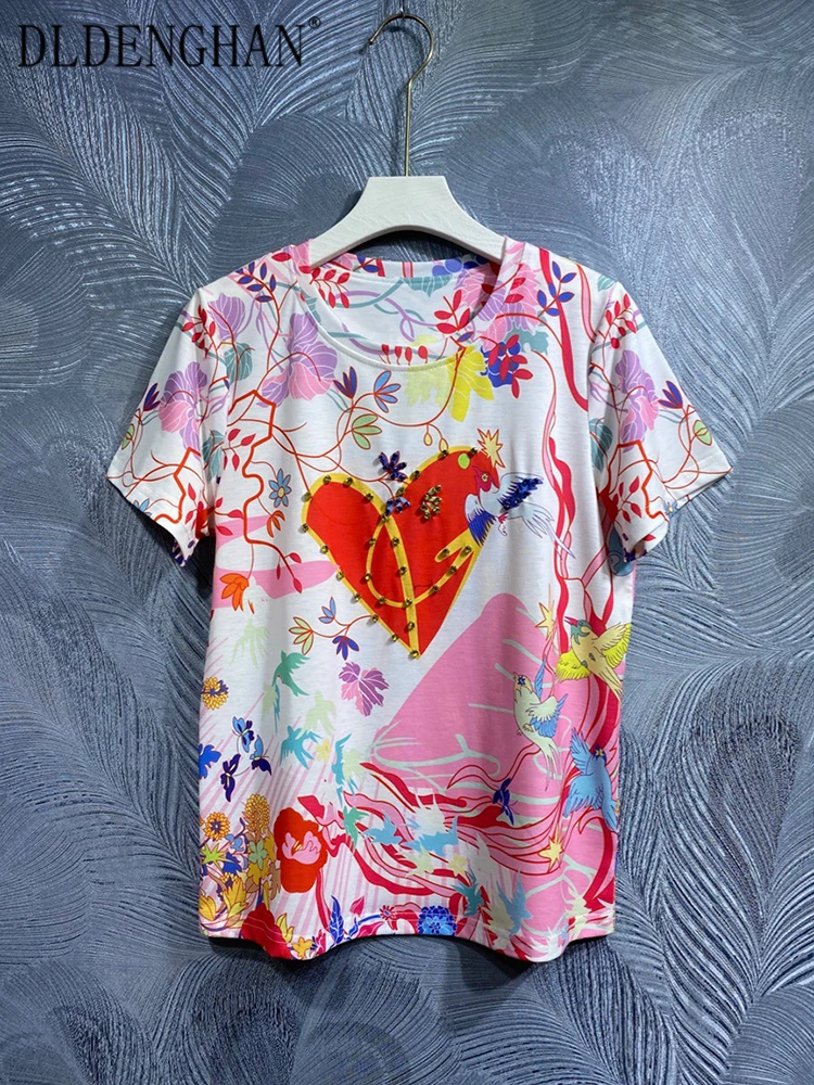 

DLDENGHAN Spring Summer Tees Women O-Neck Short Sleeve Diamonds Love Flowers Print High Street T-shirt Fashion Runway New