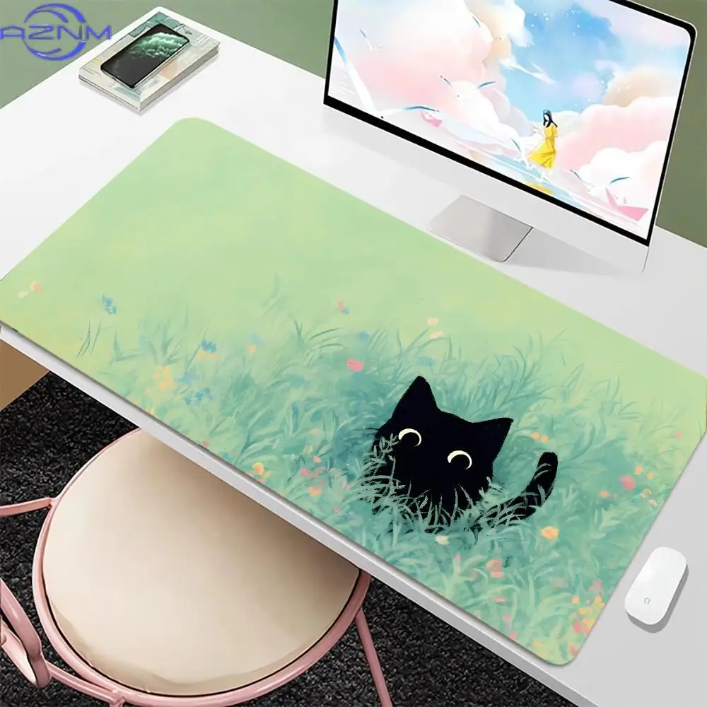 Soft Green Nature Mouse Pad Waterproof Non‑Slip Adorable Black Cat Hiding In Grassland Floral Design Mousepad for Home Gaming