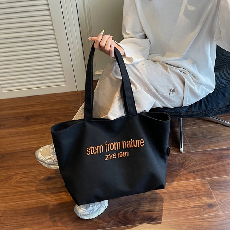 

Tiptoegirls Large Capacity Beige Canvas Tote Bag Letter Embroidered Shoulder Bag for Women Handbag for Daily Commute School Work