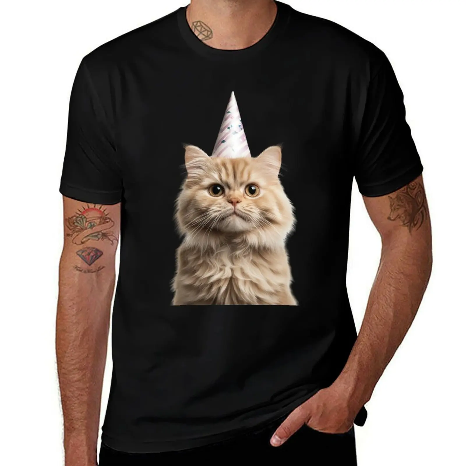 

Cute Persian Cat with Party Hat Birthday Celebration T-Shirt tops cotton man t-shirts plus sizes vintage mens plain t shirts