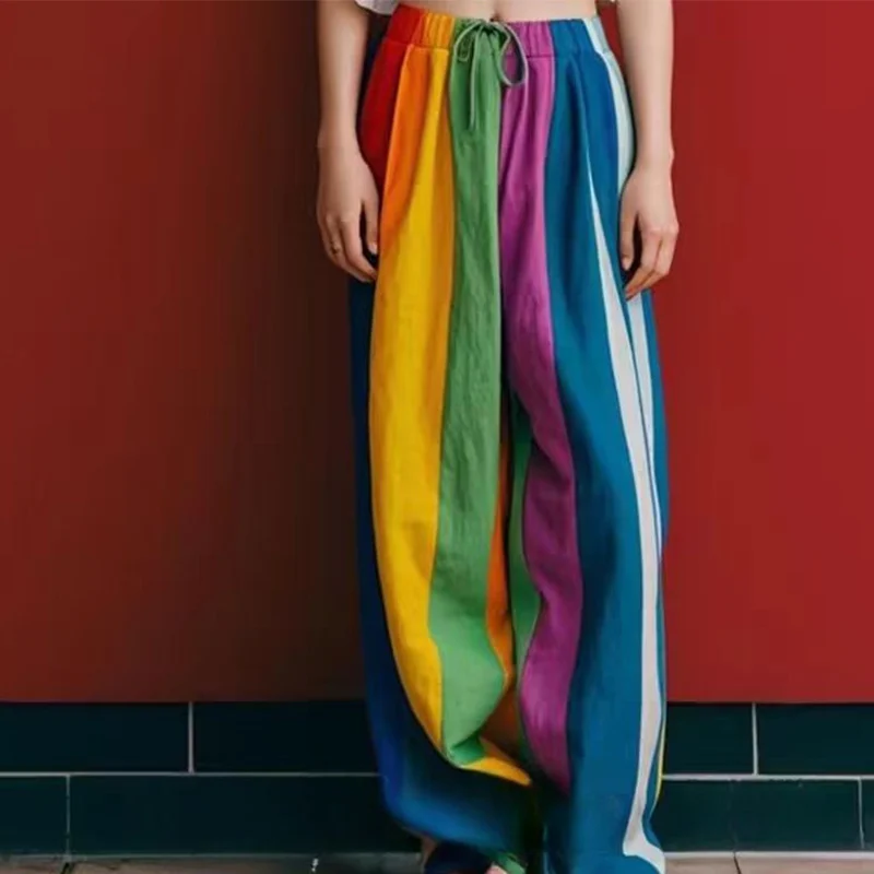 Oversized Multicolor Striped Wide Leg Pants Female Fashion Temperament Elastic Waist Trousers All-match Drawstring Pleated Pants