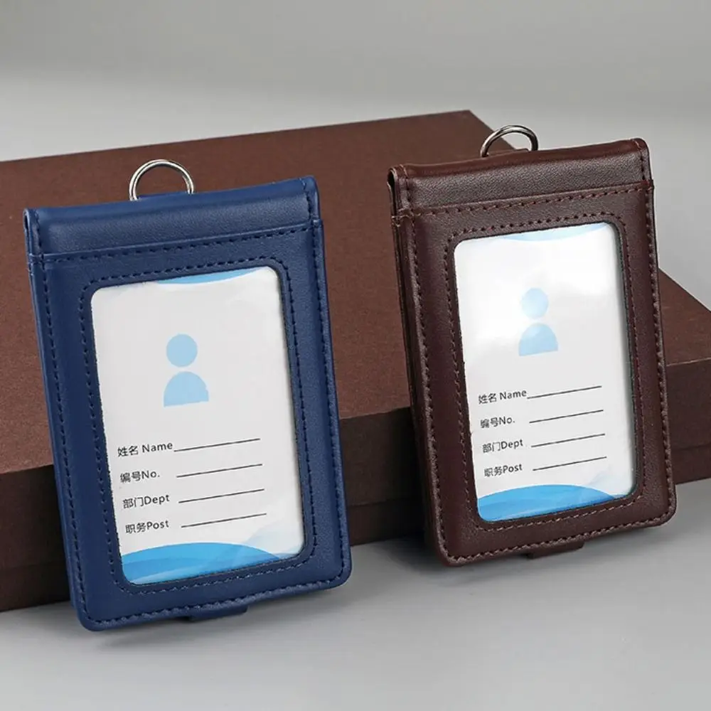 Leather ID Tag Badge Holder 5 Slots Protective Employee Pass Work Card Case with Lanyard Buckle Flip Chest Card Bag Student