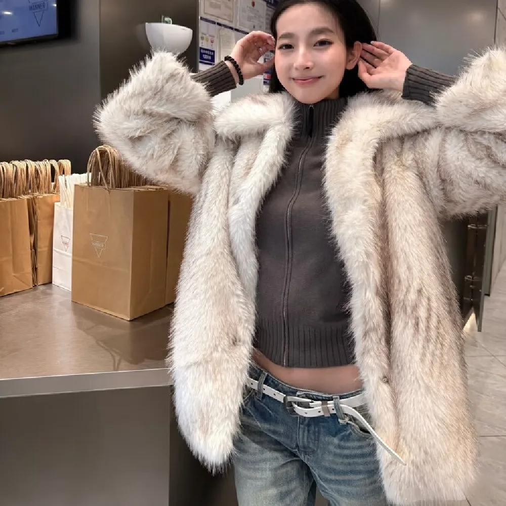 Winter Women Gradient White With Black Tips Long Hairy Shaggy Fox Faux Fur Coat Lapel Collar Midi Long Straight Shaggy Outerwear
