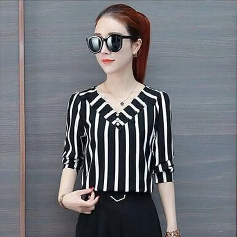 Women\'s Elegant Casual Tops Office Lady Simplicity Striped 3/4 Sleeve Shirts Women Clothes Temperament Summer New Style Fashion