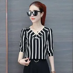 Women's Elegant Casual Tops Office Lady Simplicity Striped 3/4 Sleeve Shirts Women Clothes Temperament Summer New Style Fashion