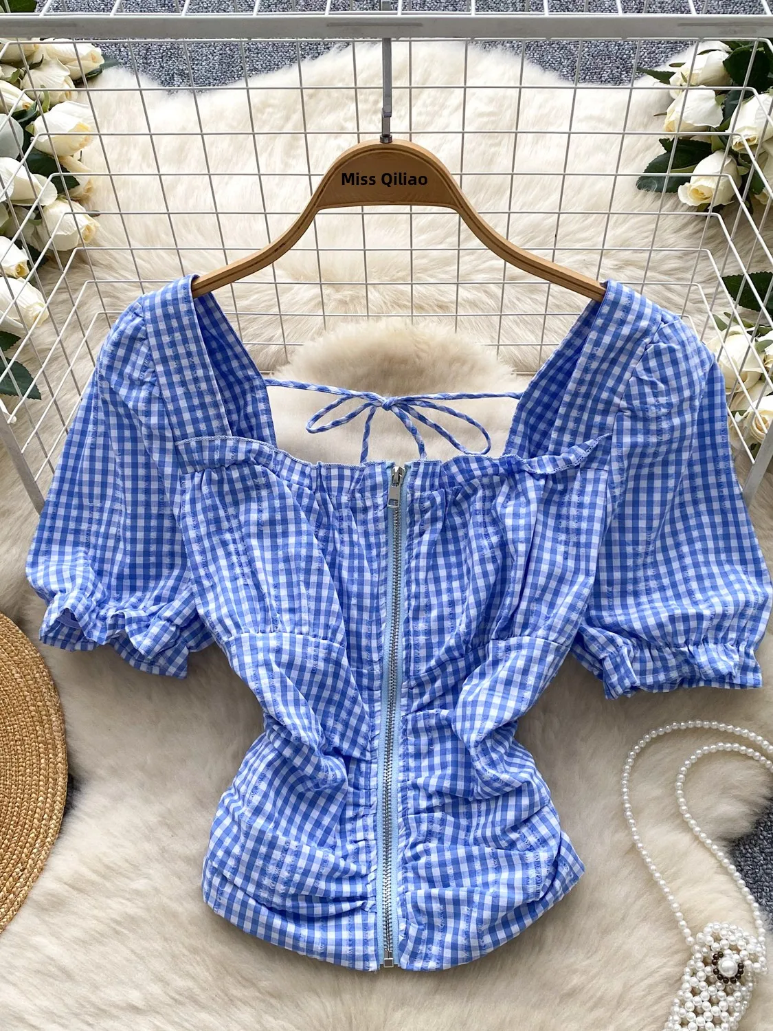 

Versatile irt Women Summer 2025 New Square Collar Zipper Bubble Sve Pleated Waist ains Top Korean Sle Loose Fit or...