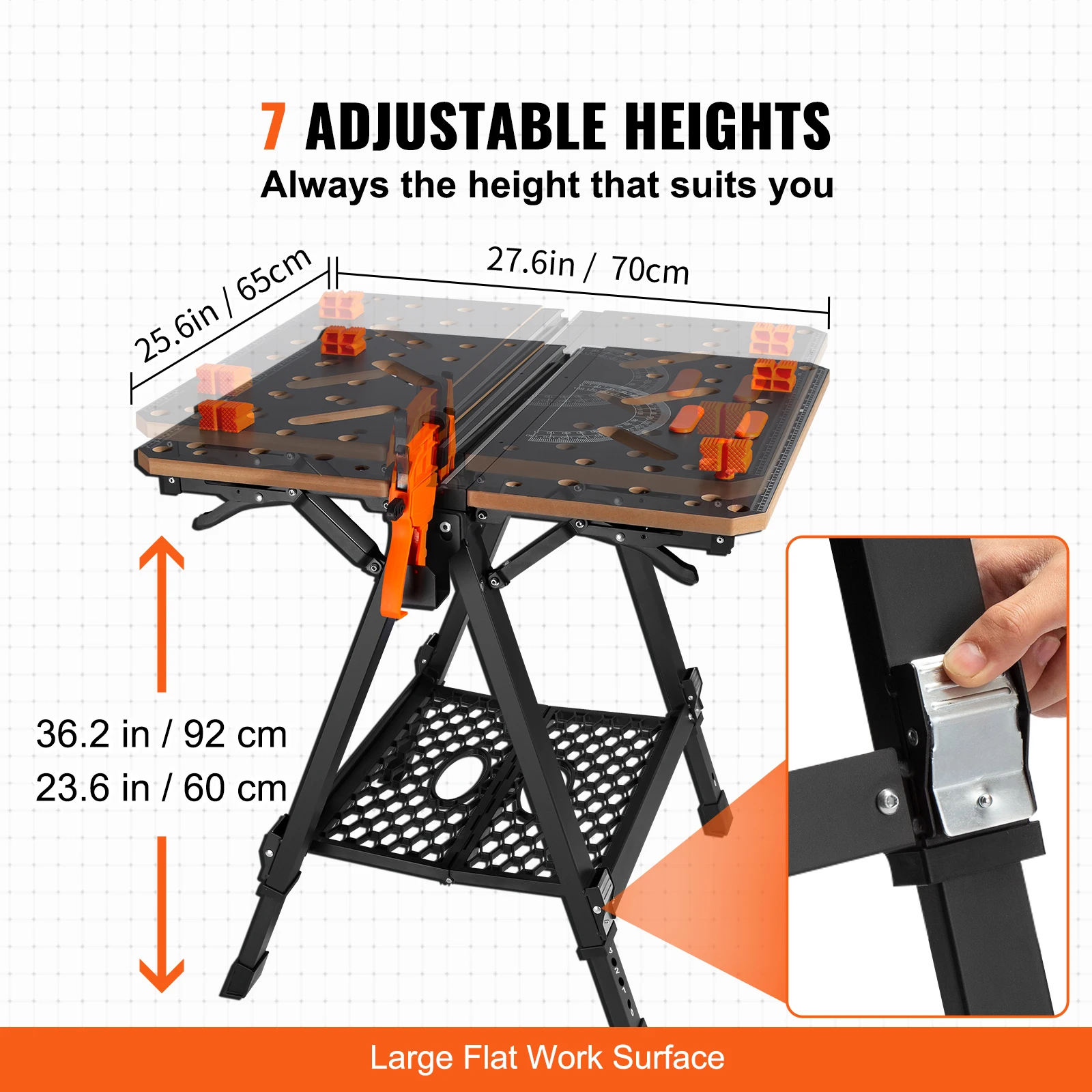 VEVOR Folding Work Table 7-Level Height Adjustment Workbench & Sawhorse with Versatile Clamping System for DIY Woodworking Use