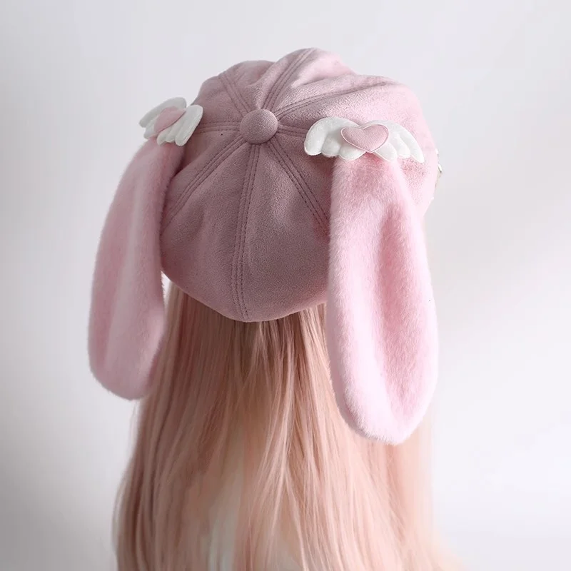 2025 المرأة اليابانية الوردي القلب أرنب قبعة Harajuku القوطية لوليتا الملاك قبعة الدانتيل قبعة ثقافة فرعية Y2K فتاة لطيف قبعات للحماية من الشمس