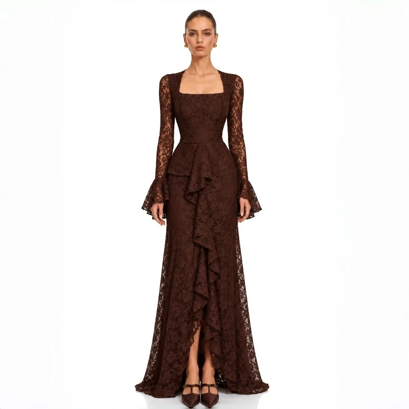 Luxury Black Lace Mermaid Maxi Evening Dress Square Neck Long Sleeve Wedding Party Formal Prom Dubai Party Gown Customized