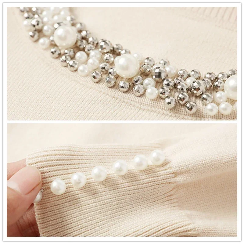 Chic Beaded O-neck Knitted Tshirts Women Spring Casual Slim Knitwear Jumper Tops Korean Long Sleeve Malhas Tee New Thin Sweater