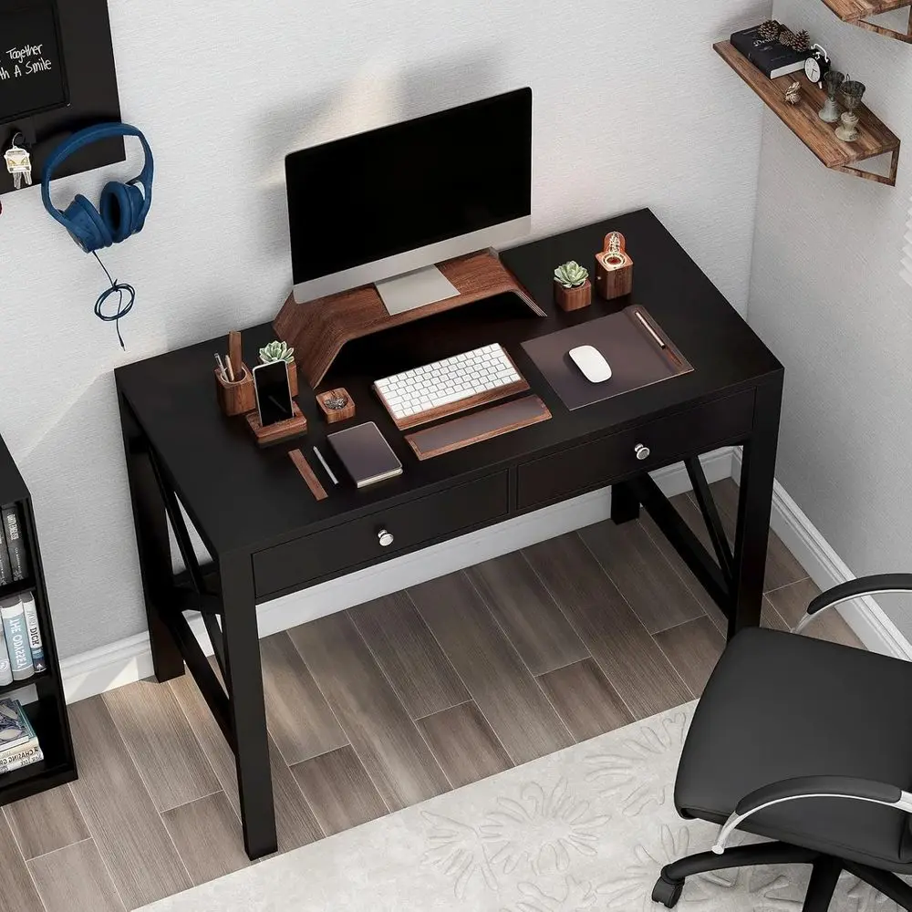 Modern Black Home Office Desk with Drawers, Multipurpose Writing Table and Vanity