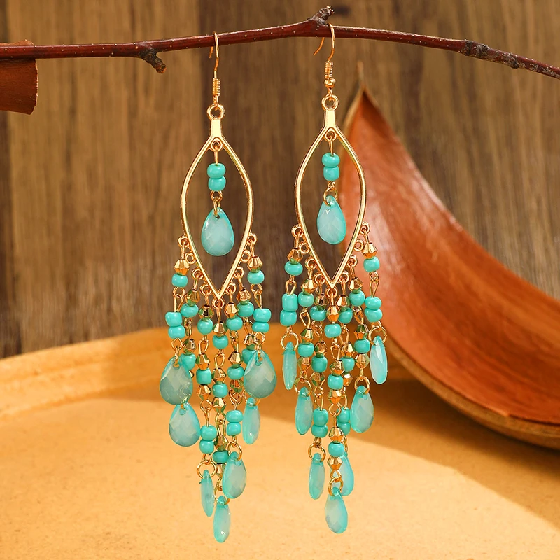 Ethnische Lange Acryl Wasser Tropfen Ohrringe für Frauen Retro Boho Gold Farbe Hohl Quaste Ohrringe Bijoux Femme Zubehör – Detail 2